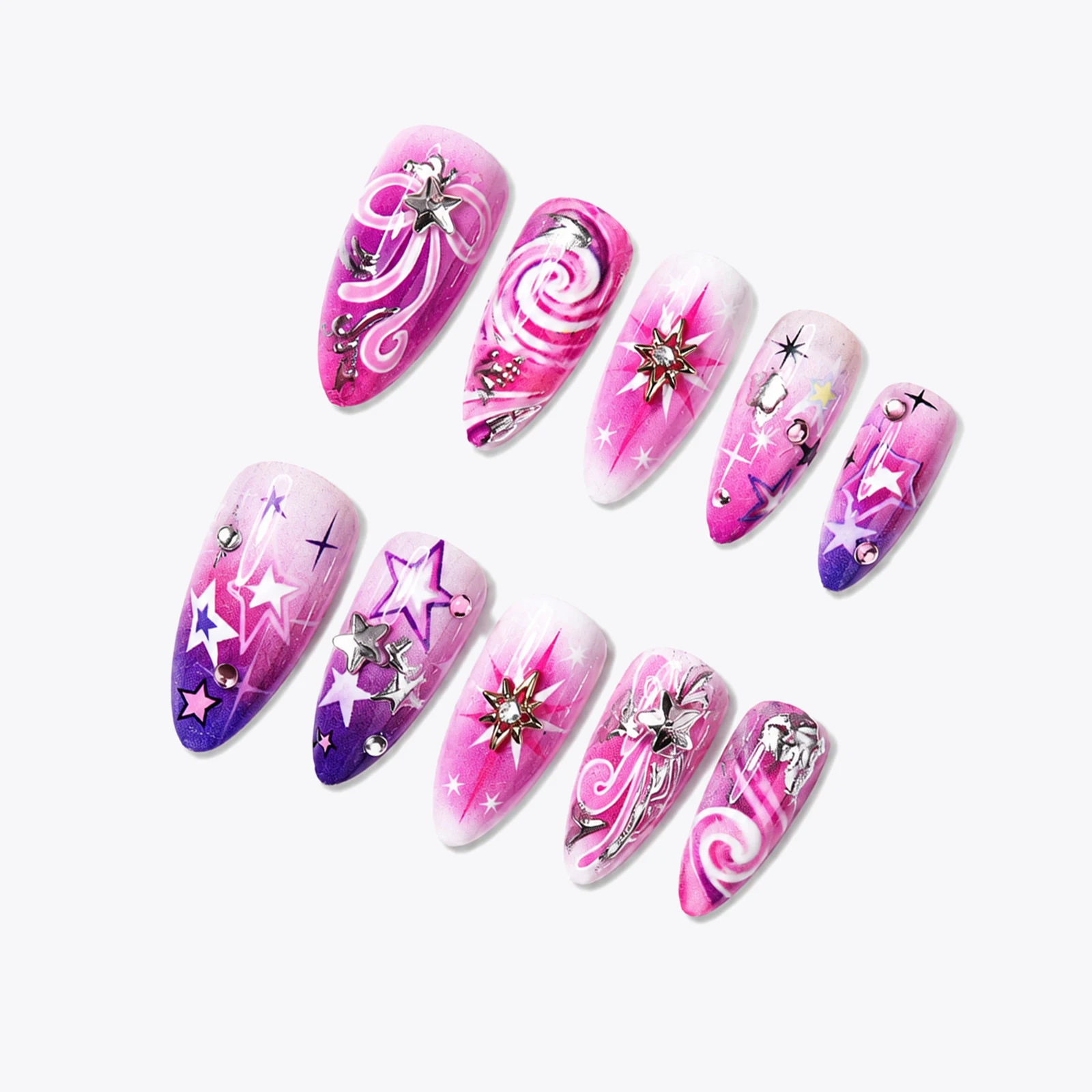 24pcs Y2k Gradient Purple Almond False Nails Sweet Bowknots Five-pointed Stars Designs Press On Nails Ins French Style Fake Nail