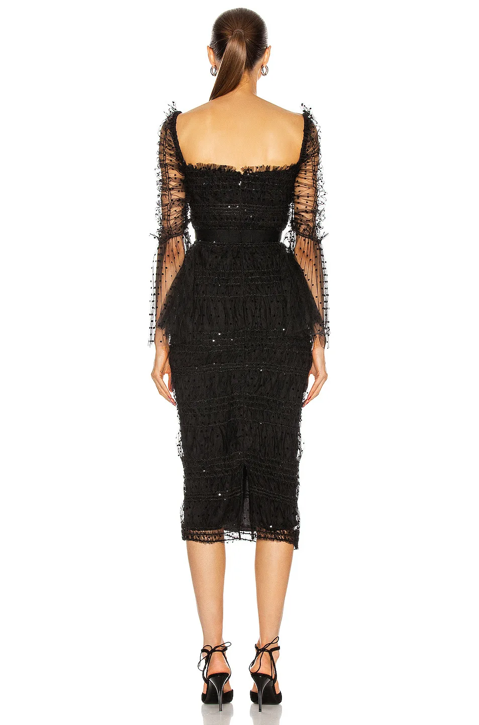 Robe de soirée élégante en maille transparente noire, manches évasées, col carré, cintrée à la taille, nouvelle collection 2025