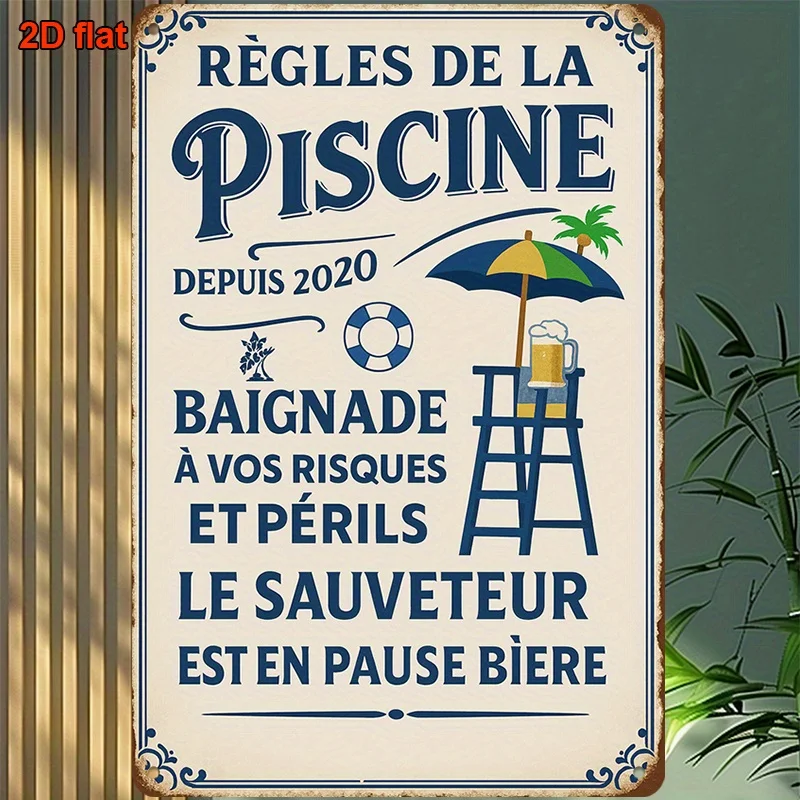 Vintage French Pool Rules Metal Sign Retro French Swimming Pool Plaque with Lifeguard Tower,For Bars, Bathrooms, Beach House