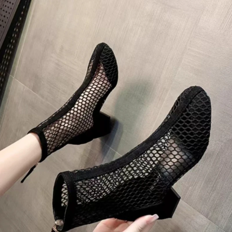 Summer Black Zipper Ankle Boots 2023 New Fashion Mesh Hollow Square Toe Chunky Heel Sandals Solid Color Women\'s High Heels