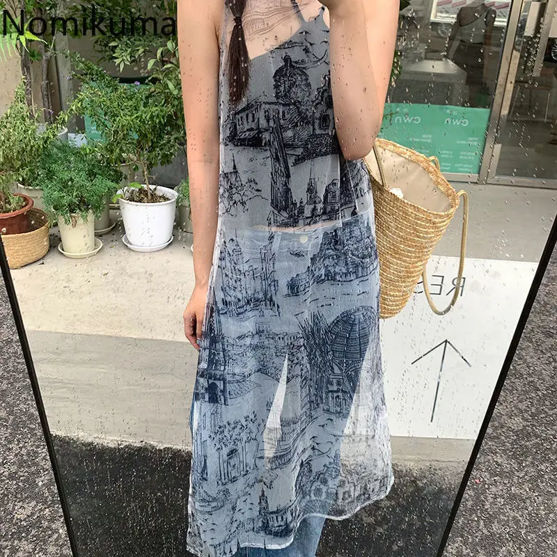 2024 Blusas Mujer De Moda Sexy Gauze Blouse Women Sleeveless Print Long Shirts Y2k Tops Chic Casual Summer See Throught Blouses