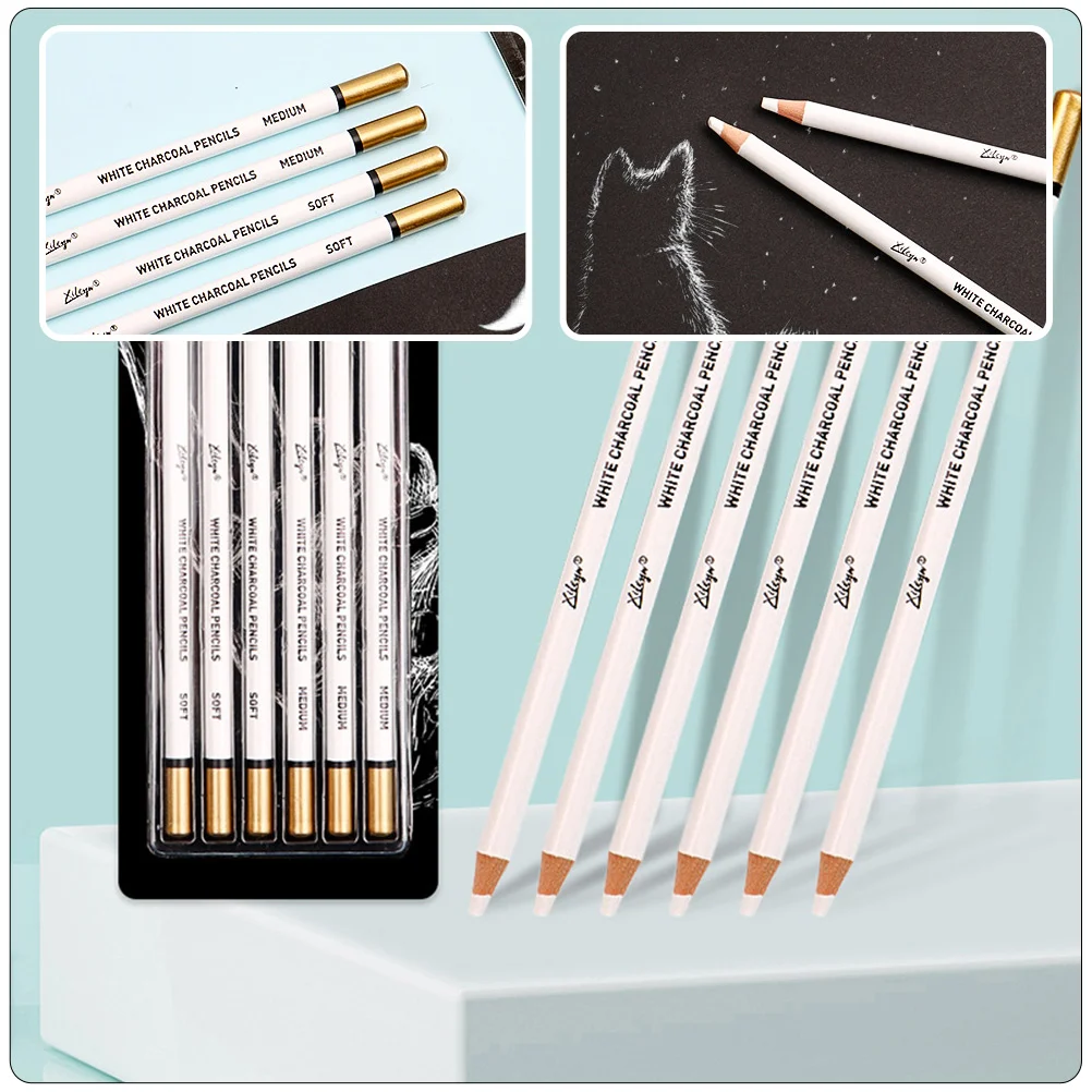 6 Pcs Sketch Pencil Illustrator Pencils White Sketching Charcoal Highlighter Painting Wooden Tools