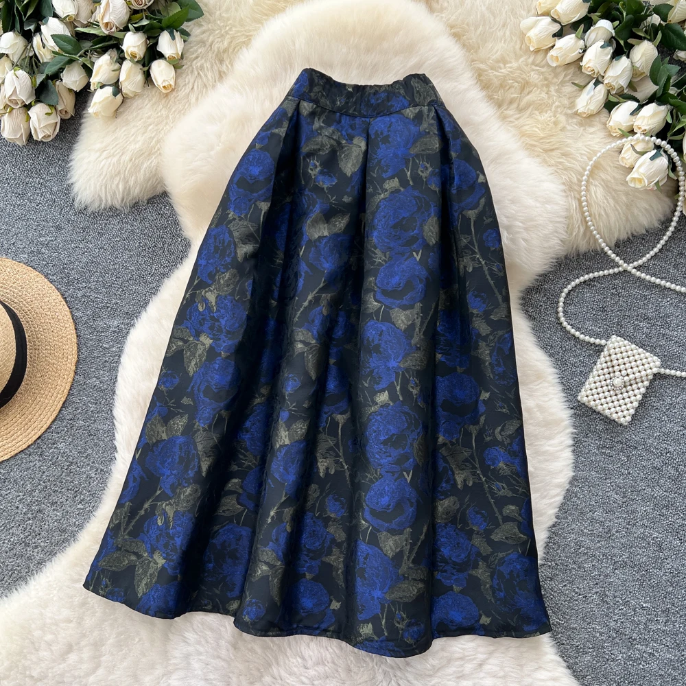 Clothland Damska Spódnica w Kwiaty z Elastyczną Gumką w Pasie, Krój A, Europejski Styl, Elegancka, Długość Midi do Połowy Łydki, Retro, Model BA357