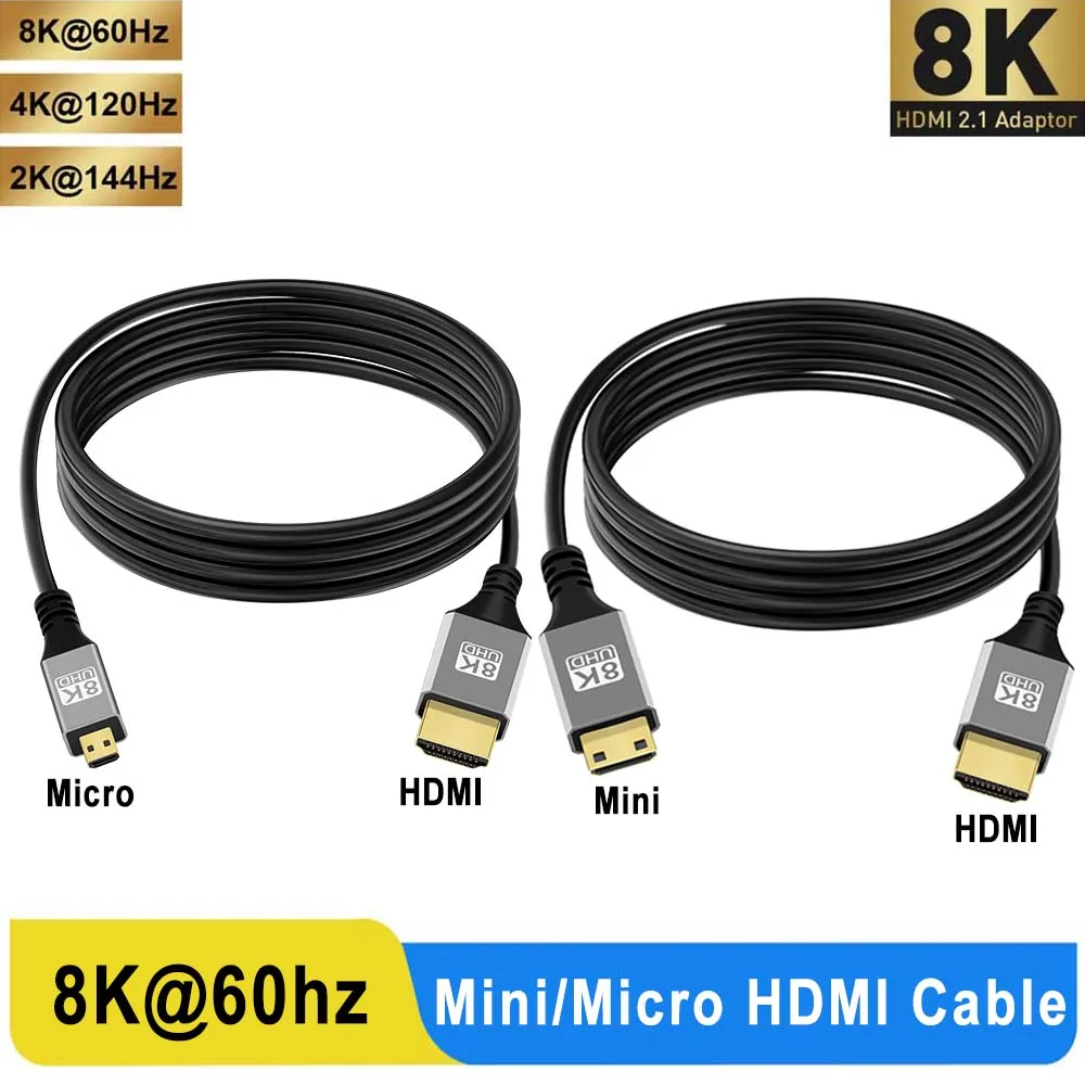 HDMI TO MINI HDMI/ Micro HDMI Cable 8K@60hz 4K@120hz V1.4 TPU HD 1080P Extension Male Cable For Tablet PC TV Camera HDTV1m 2m 3m