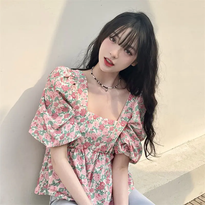 Romantic Floral Blouses Women Summer Puff Sleeve New Cute Lady Harajuku Crops Design Square Collar Party Simple Aesthetic Casual