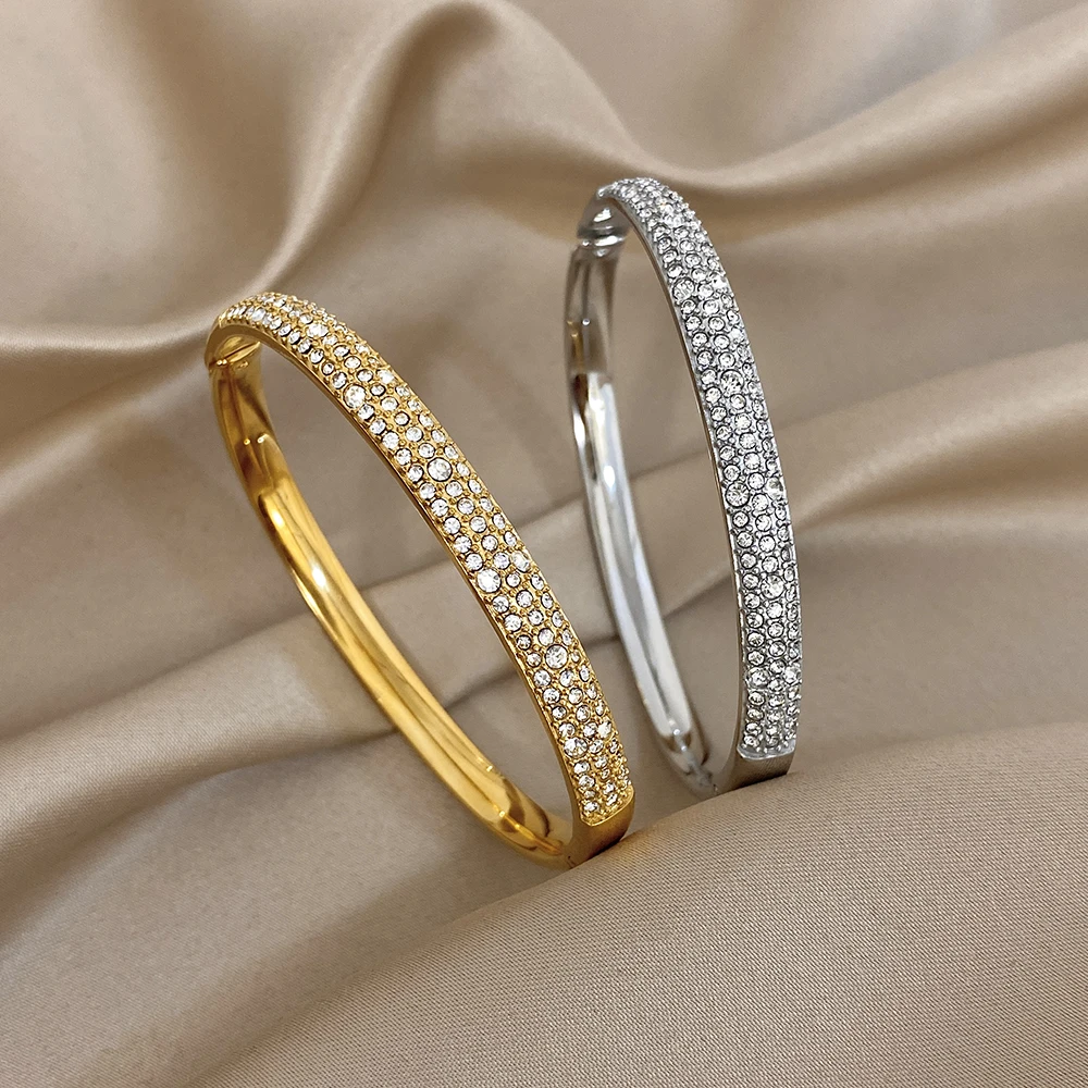 Luxury Sparkling Rhinestones Stainless Steel Cuff Bracelet Women Exquisite Geometric Round Bangle Waterproof Jewelry Gift