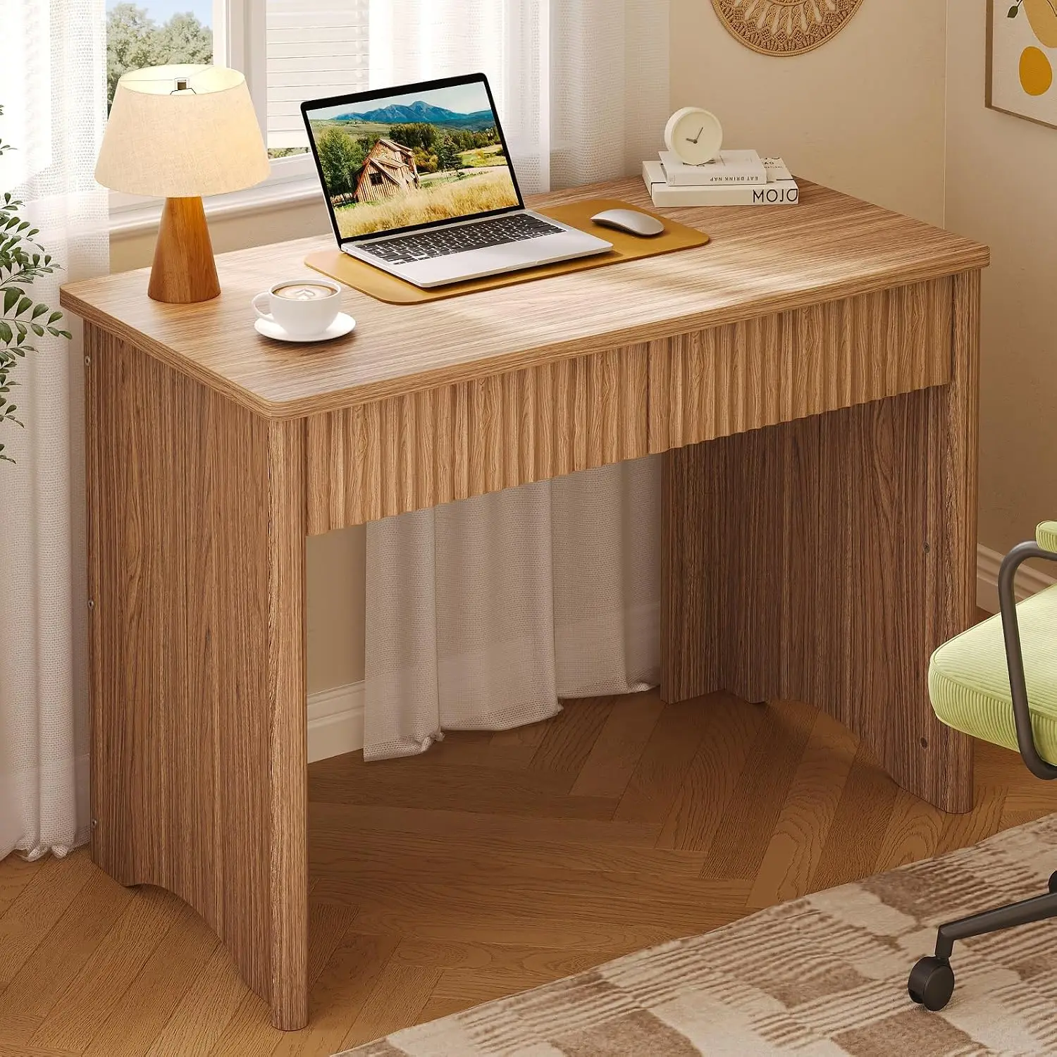 40-Inch Fluted Wood Computer Desk with 2 Silent Drawers, Light Wood, Customized