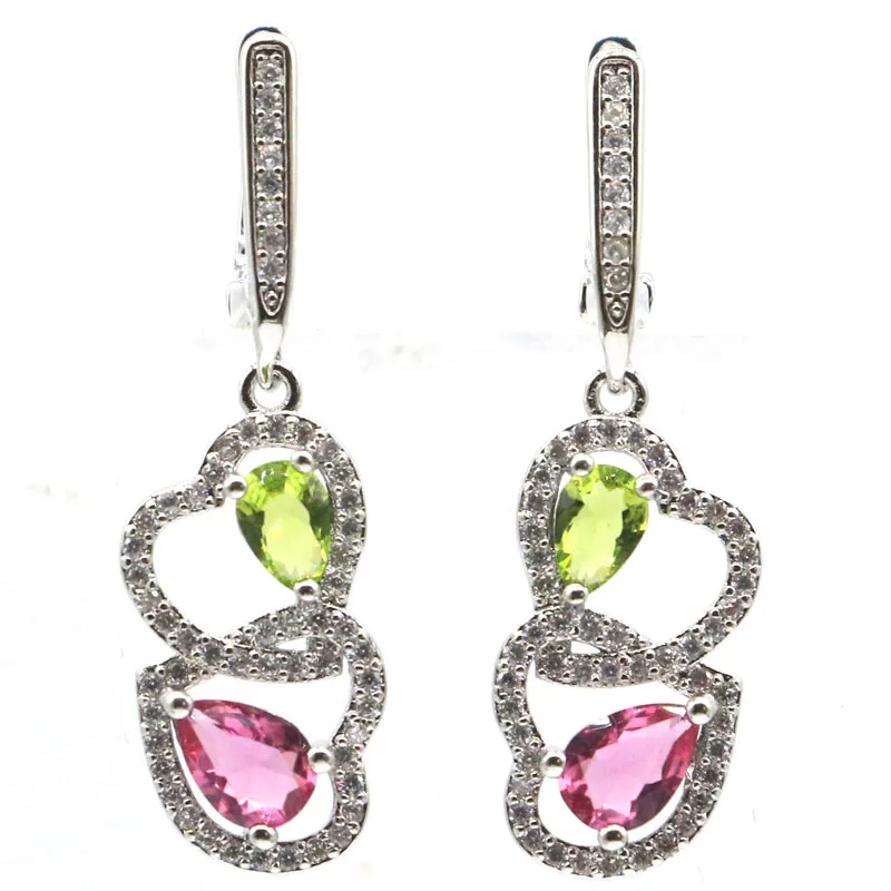 

37x11mm Highly Recommend Heart Shape Green Peridot Pink Tourmaline CZ Women Gift Silver Dangle Earrings