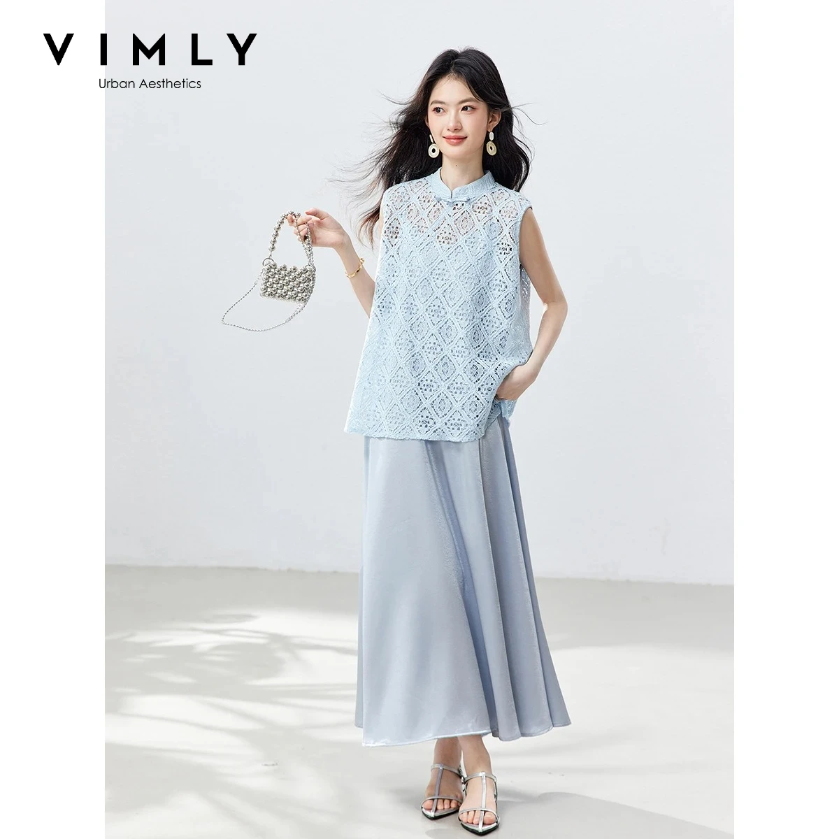 

VIMLY Elegant Women's Dress Two-piece Set Heavy Cutout Crochet Sleeveless Top Satin Slip Dress Light Blue Summer Outfits 30960