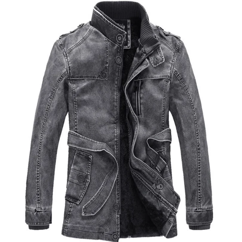 Men's PU Faux Leather Long Coat Classic Retro Leather Jacket Dark Gray Warm Zip Up Motorcycle Jacket Removable Hood