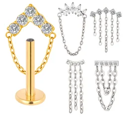 ASTM F136 Titanium EAR PIERC Ear Studs with Dangle Chain Top Labret Lip Stud Sling Chain with CZ Earrings Body Piercing Jewelry