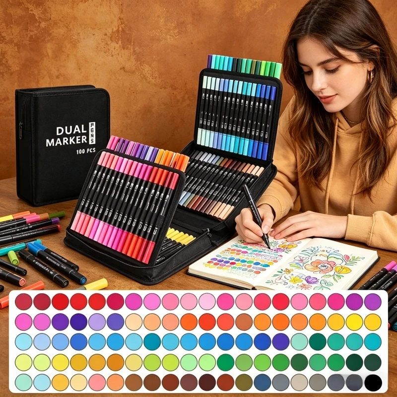 

100 Colors Dual Tip Watercolor Art Markers Brush Pen Fineliner Drawing Painting Calligraphy Art Supplies for Artists Students