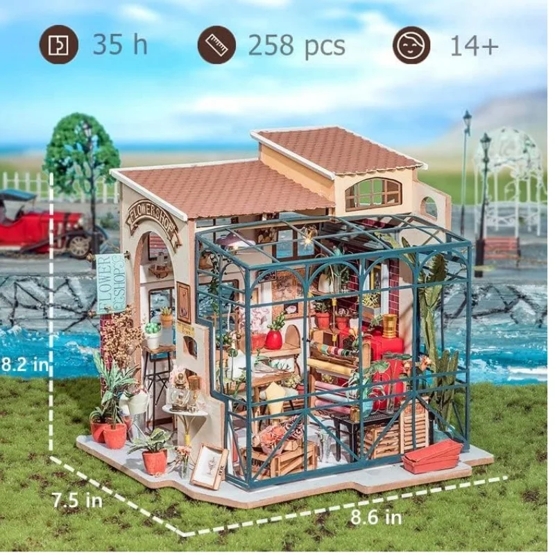 Robotime Diy Poppenhuis Mini-Kit Met Meubelaccessoires 1:24 Weegschaal Ambachtelijke Kit Emily 'S Bloemenwinkel