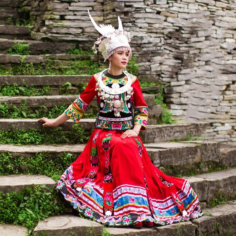 Hmong Wedding Dress Embroidered Pleated Skirt Miao Ethnic Style Attire Clothes for Women Red Miao Hat Costumes Hmong Clothes