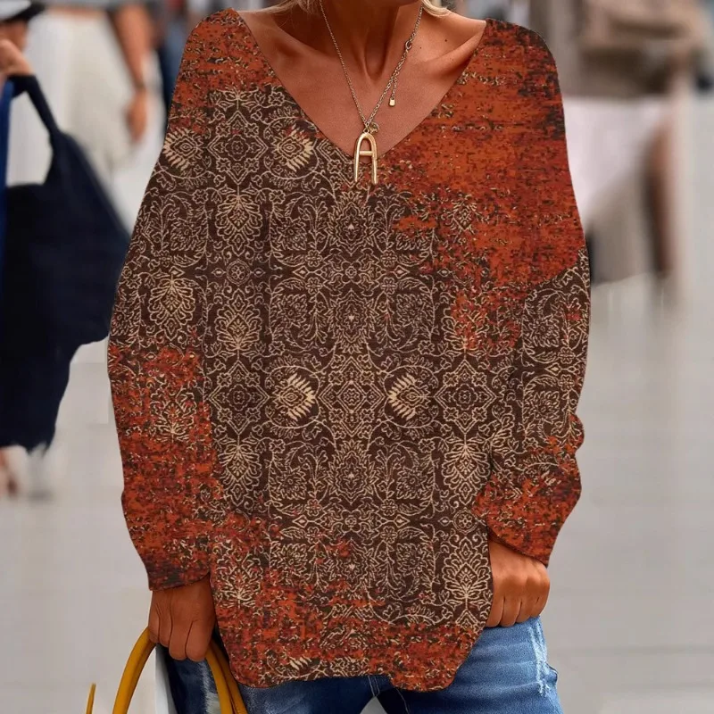 

2025 New Women's Casual V-neck Long sleeved Loose Head Digital Printed Women's Top