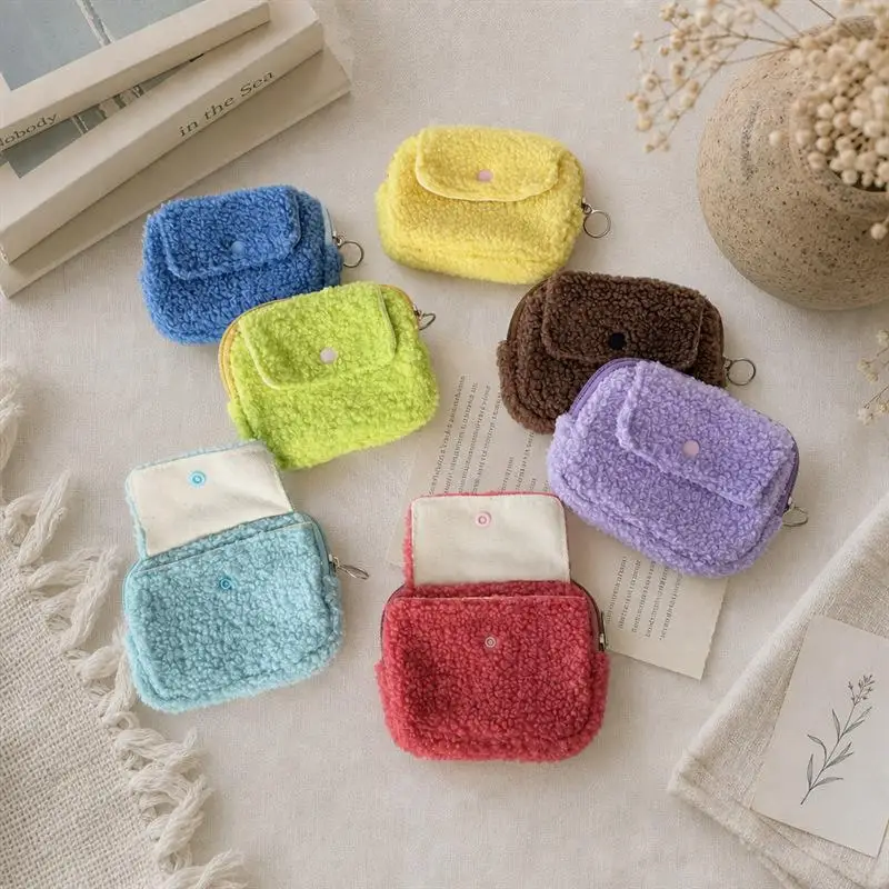 Macaron Color Plush Snap Button Coin Purse Student Portable Credit Card Holder purse ID Bag Cute Mini Storage Pouch