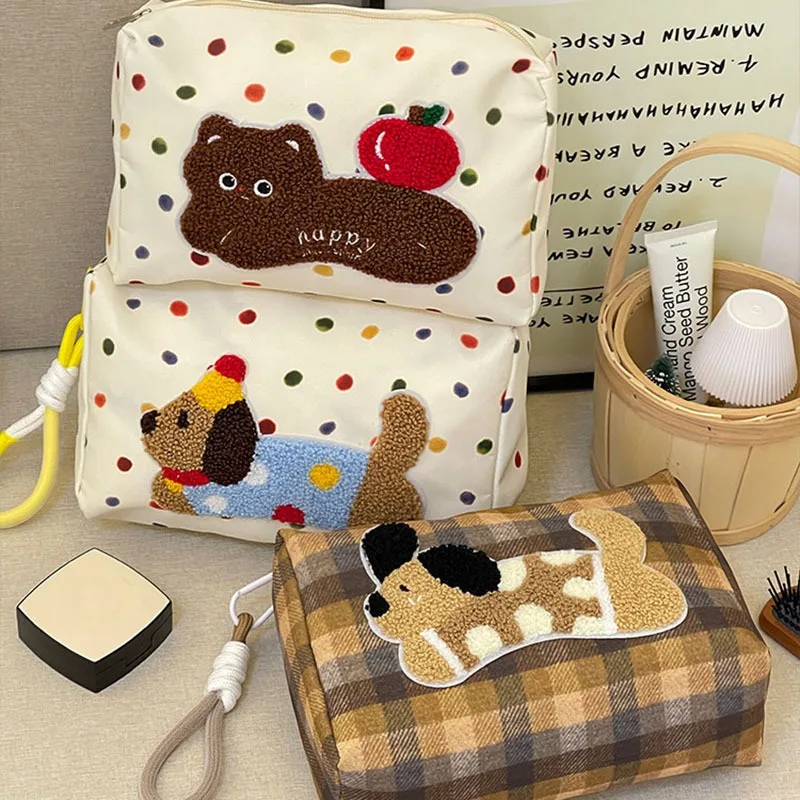 Women Female Cute Cartoon Embroidered Makeup Bag Travel Cosmetic Organizer Storage Pouch Handheld Clutch Bag for Daily