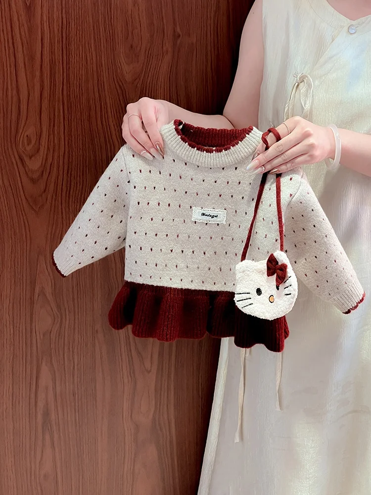 

Детский свитер Thiened Fce для девочек, зимняя одежда, осенне-зимний сезон, милый, длинный рукав, прямой крой, однотонный