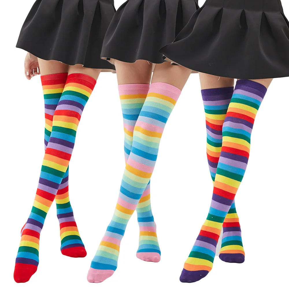 Regenbogen-Overknee-Socken, Anime Cosplay, Damen, Party, gestreifte Strümpfe, Karneval, buntes Kostüm, Festival, Mädchen, lange kniehohe Socken