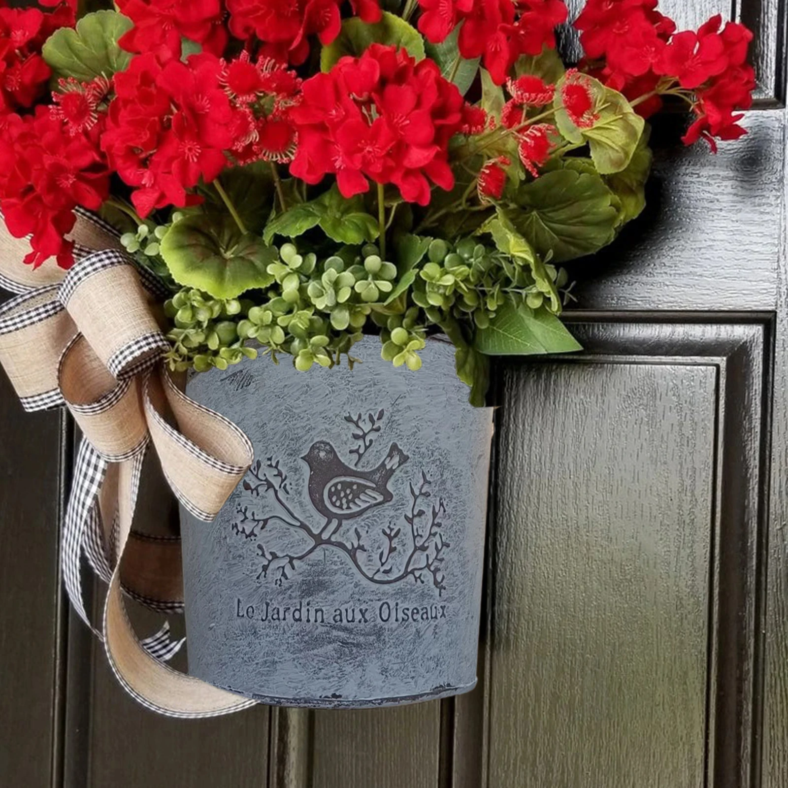 Red Geranium Bucket Wreath Front Door Artificial Spring Summer Wreath With Burlap Bow Colorful Cottage Garlands Simulated Plant