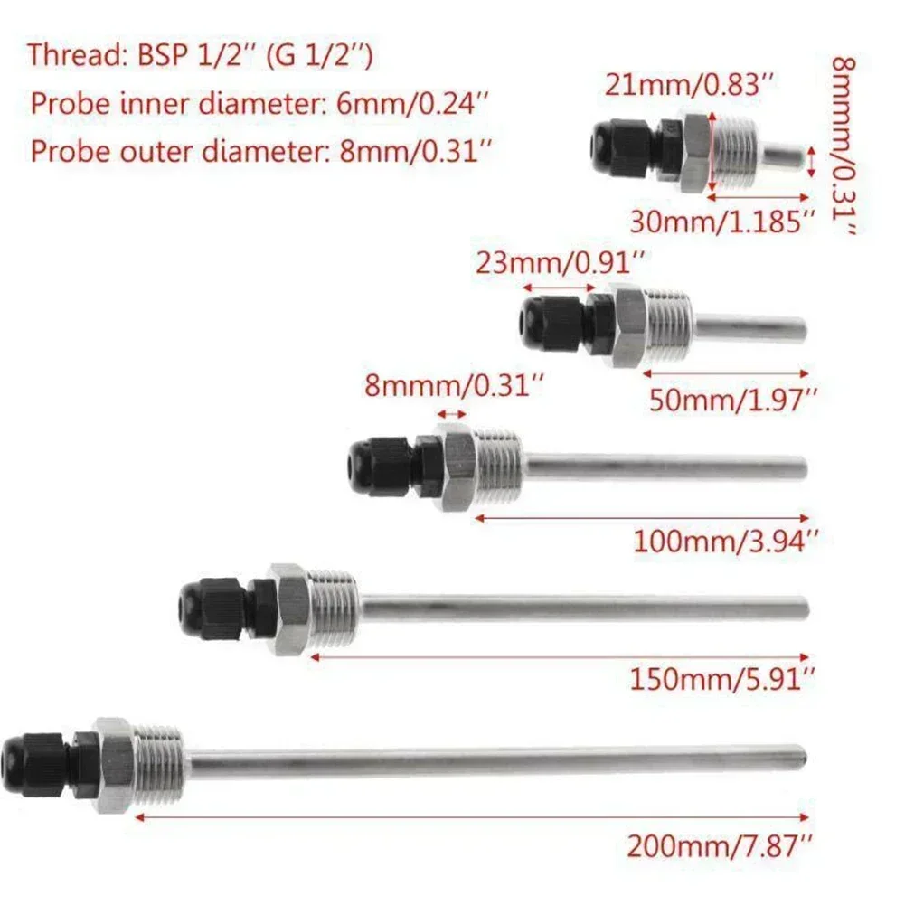 30-200mm Thermowell 304 Stainless Steel 1/2 BSP(G) Type 1/2\