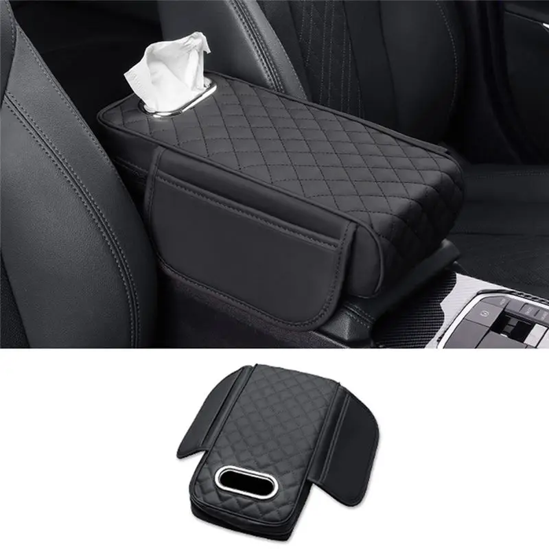 M49K-Car Armrest Cover PU Leather With Tissue Storage Memory Foam Height Pad Auto Center Armrest Protective Cushion Support