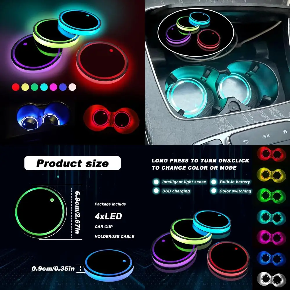 

4 шт. светодиодные автомобильные подстаканники, водонепроницаемый подстаканник с 7 меняющимся ковриком для зарядки через USB, светодиодное украшение для внутренней атмосферной лампы