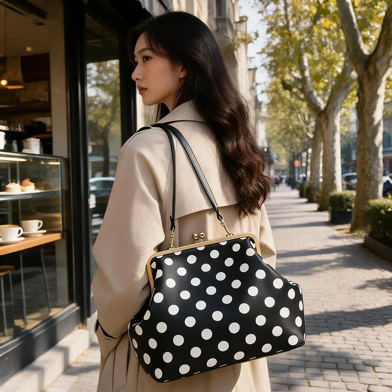 Schwarz-weiß gepunktete Damenhandtasche mit Verschlussrahmen, große Umhängetasche, Vintage-PU-Tragetasche für den Alltag – Detail 14