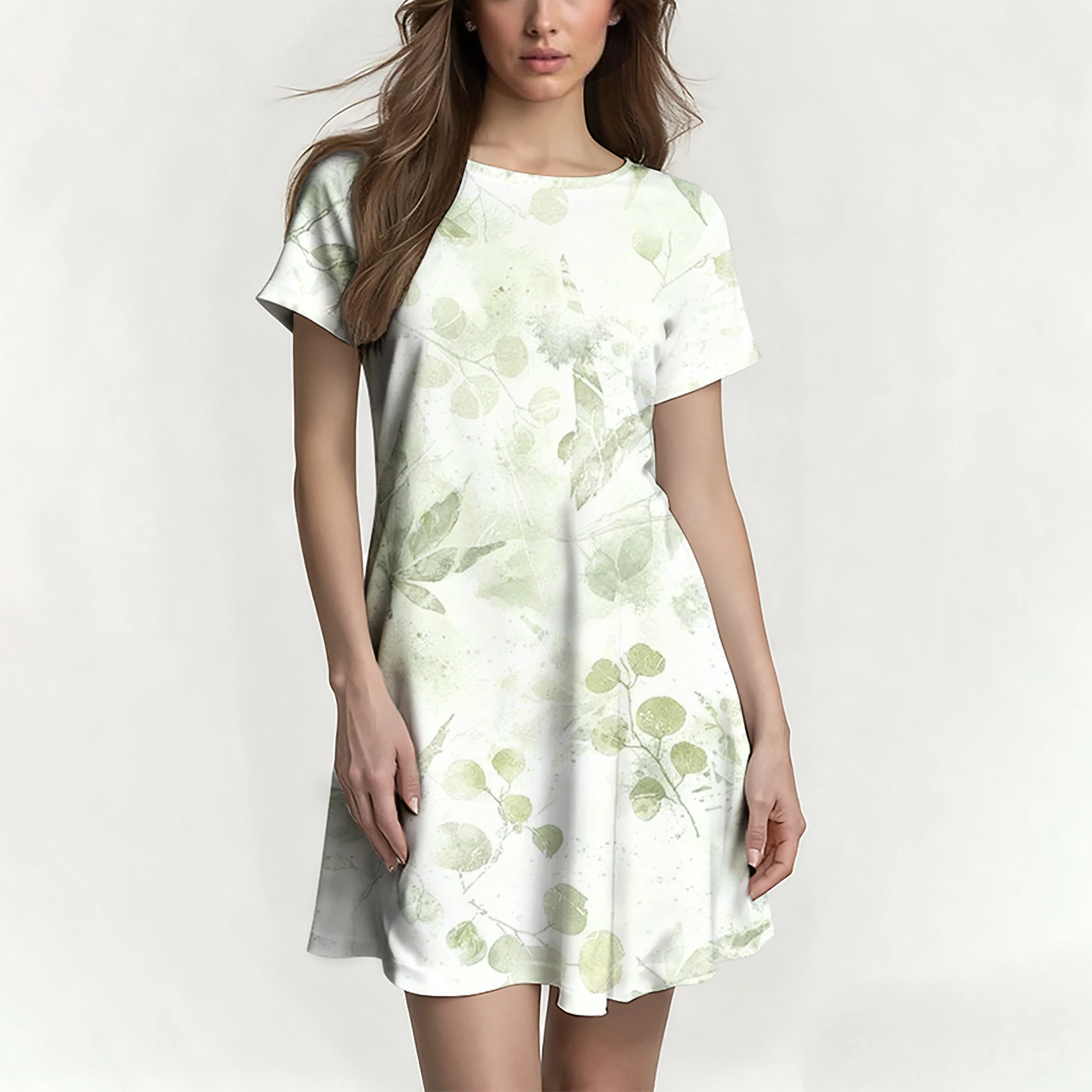 Letnia sukienka damska o kroju litery A z okrągłym dekoltem i rękawami raglanowymi, damska krótka spódnica z nadrukiem, codzienna, wygodna i stylowa.