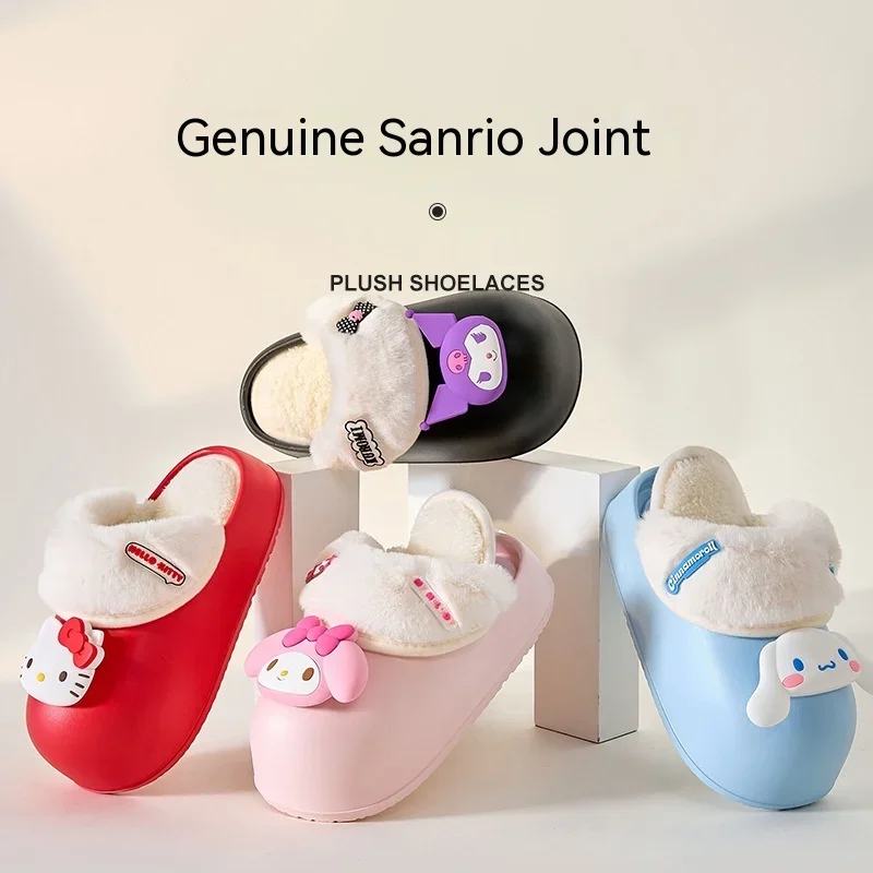 Sanrio Hello Kitty Winter Cotton Slippers Anime Kuromi Cinnamoroll Kawaii Indoor Waterproof Non-Slip Plush Slippers  Girl Gift