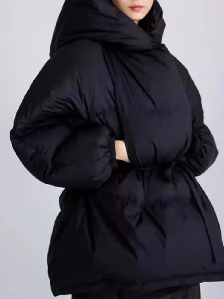 LANMREM-Doudoune à capuche pour femme, haut de gamme, noir, hiver, ceinture, taille froncée, vestes chaudes, mode, nouveaux vêtements, 2uto, 4243,