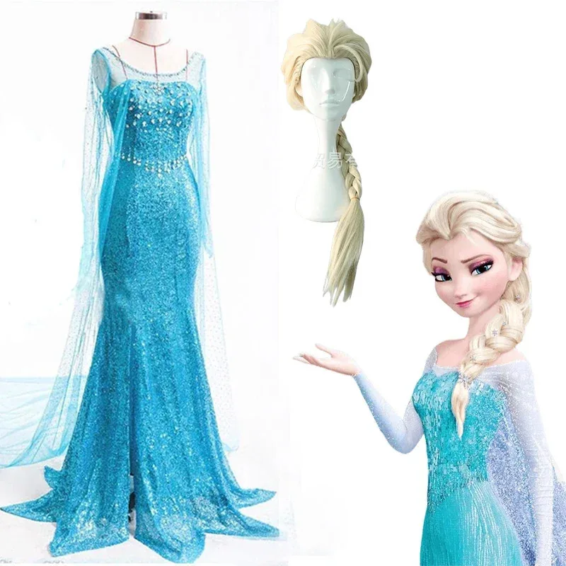 

Elsa Costume from Frozen for Women, Blue Fancy Snow Dress, Wig Outfit, Halloween Party Costumes, Red