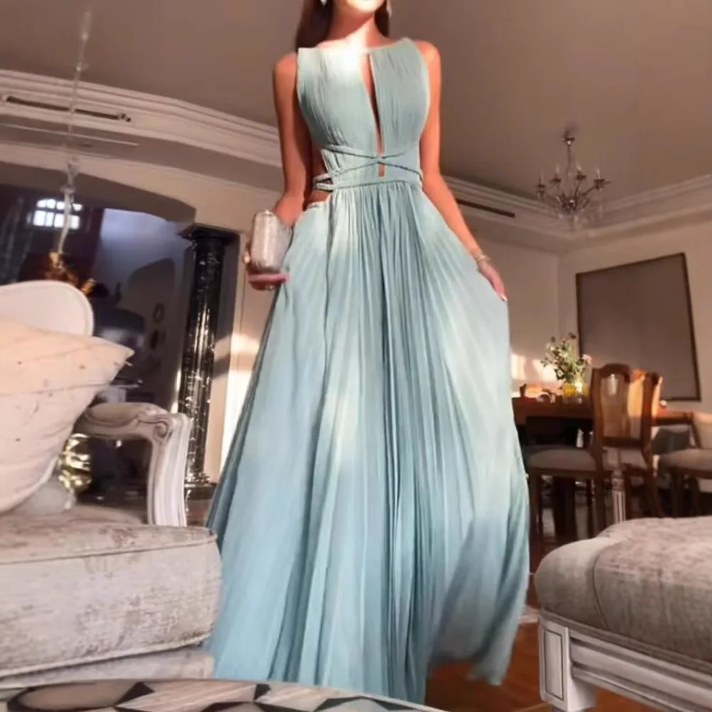 

Summer Long Dress Women Party Dresses Birthday Wedding Pleated Tie-Front Sleeveless Backless Solid Slim Full-Skirted Dresses