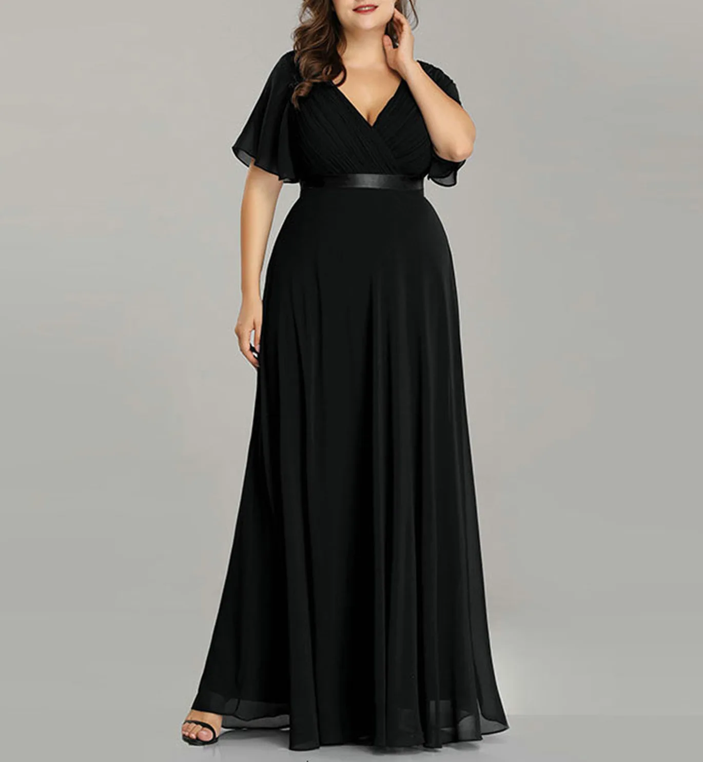 Nowe damskie sukienki wieczorowe Plus Size Długa elegancka linia V Szyja Ruffles Szyfonowa suknia ślubna Robe De Soiree