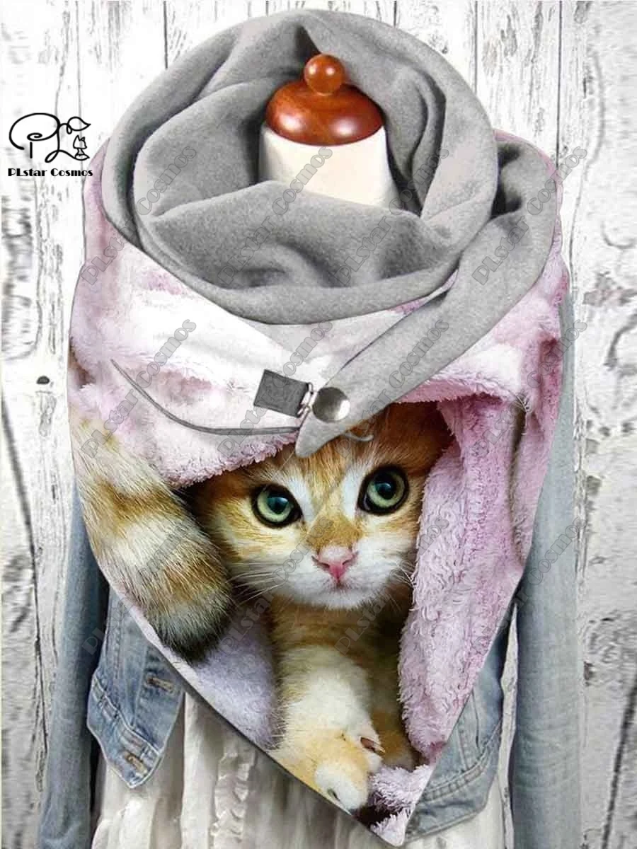 3D printed animal series cute kitten pattern warm shawl scarf spring and winter large triangle scarf casual gift M-1