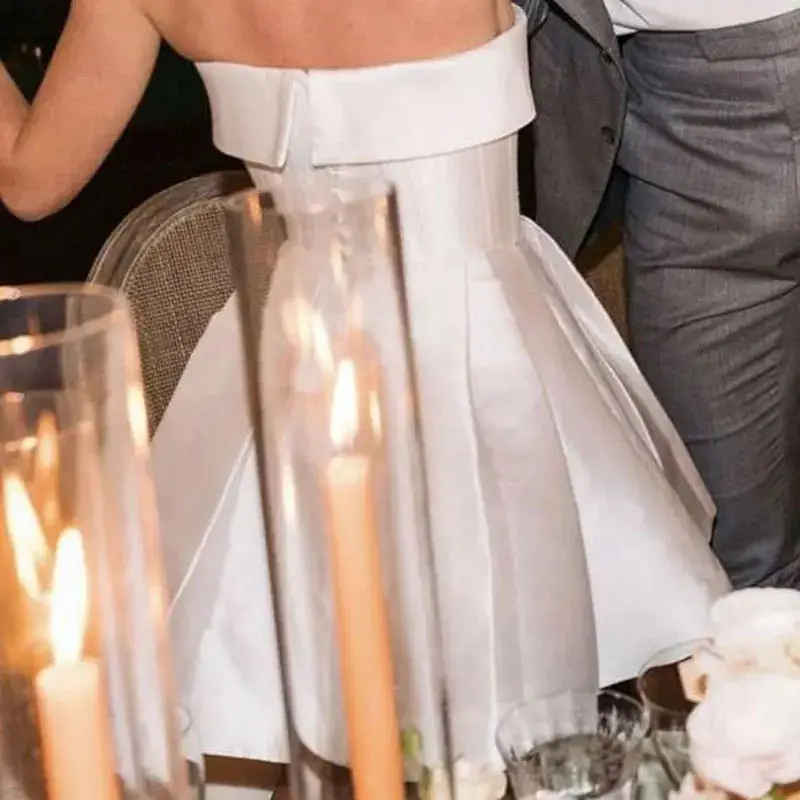 Customized Elegant Simple Satin Wedding Dresses Strapless Boat Neck Brides Gown Mini Party Dresses Robes De Mariée 2023