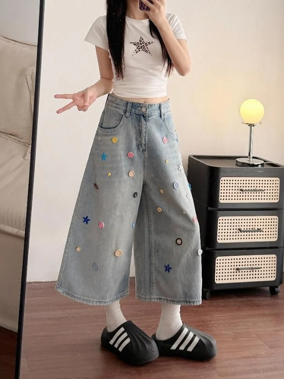 

Blue Seven-Foot Jeans Women's plus Size Summer New Design Casual Straight Short Pants High Waist Loose Fit Commute Style