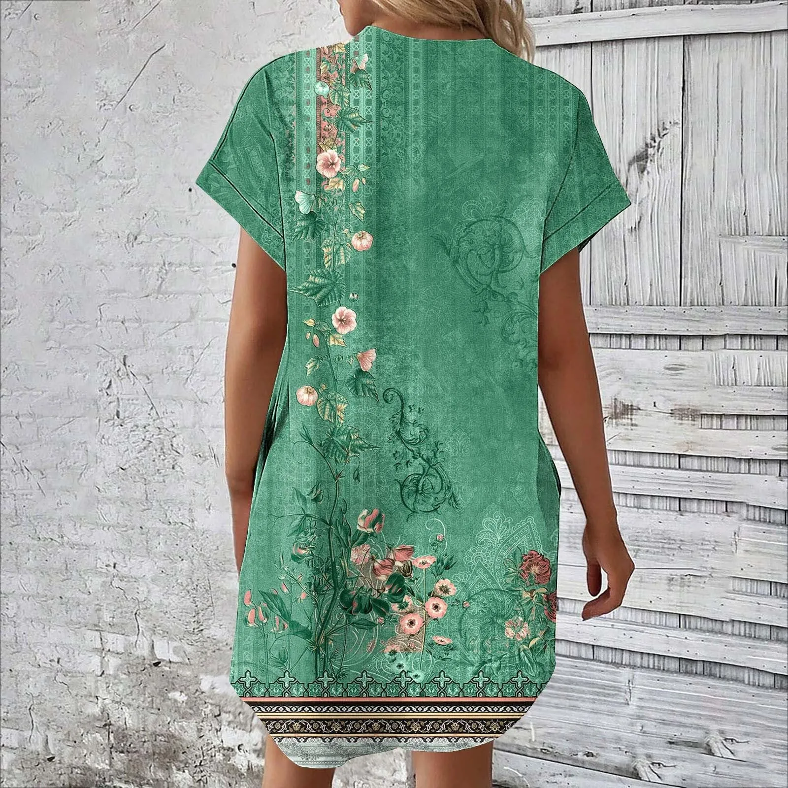 แฟชั่นแขนสั้นลำลองพิมพ์ลายสำหรับทุกวันความยาวปานกลางเดรสฤดูร้อนเทรนด์2024