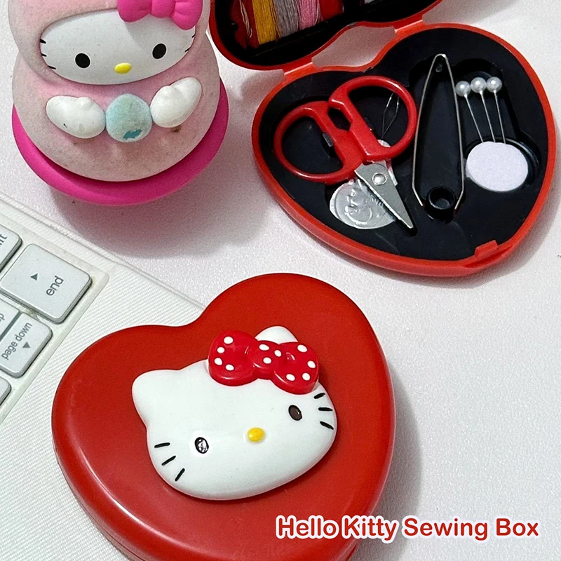 Kawaii Hello Kitty Needle And Thread Box Anime Sanrio KT Cat Portable Sewing Kit Sewing Tool Set Toys