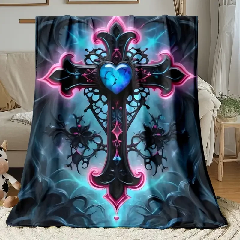 Cross and heart pattern flannel blanket suitable for bedding, office, home, camping, warming, sofa, Christmas and Halloween