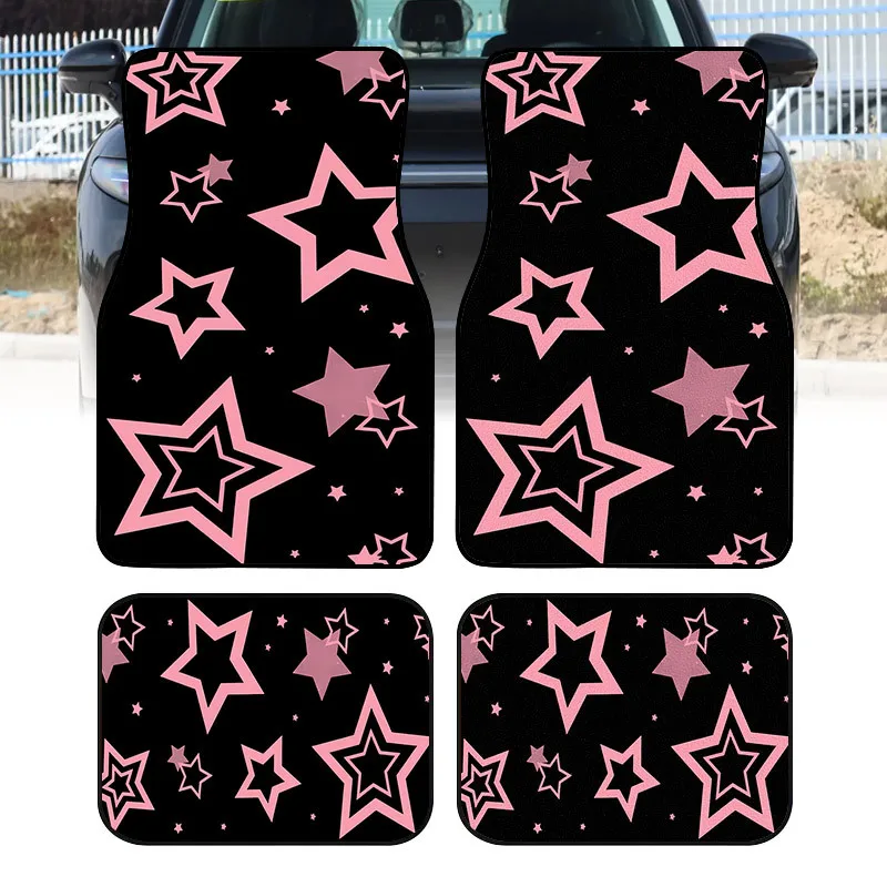 4pcs Polyester Fiber Pink Star-Patterned Car Floor Mats An Excellent Gift Choice, Durable And Suitable For Trucks, Sedans, Suvs