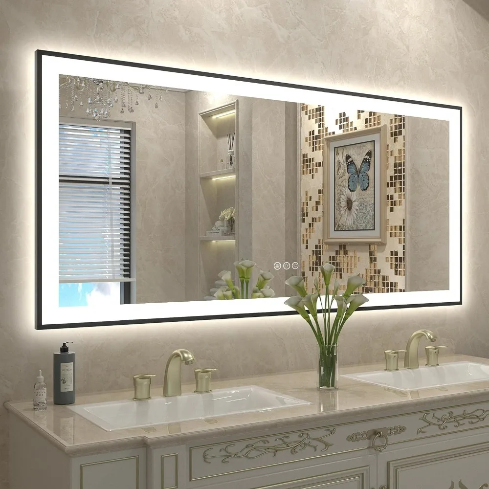 

60x28 LED Mirror for Bathroom, Large Framed Lighted Mirror for Wall, Dimmable, Anti-Fog (Backlit and Front Lighted)