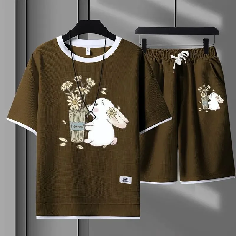 Men's Cute Rabbit Print Waffle Knit T-shirt & Shorts 2 Piece Set