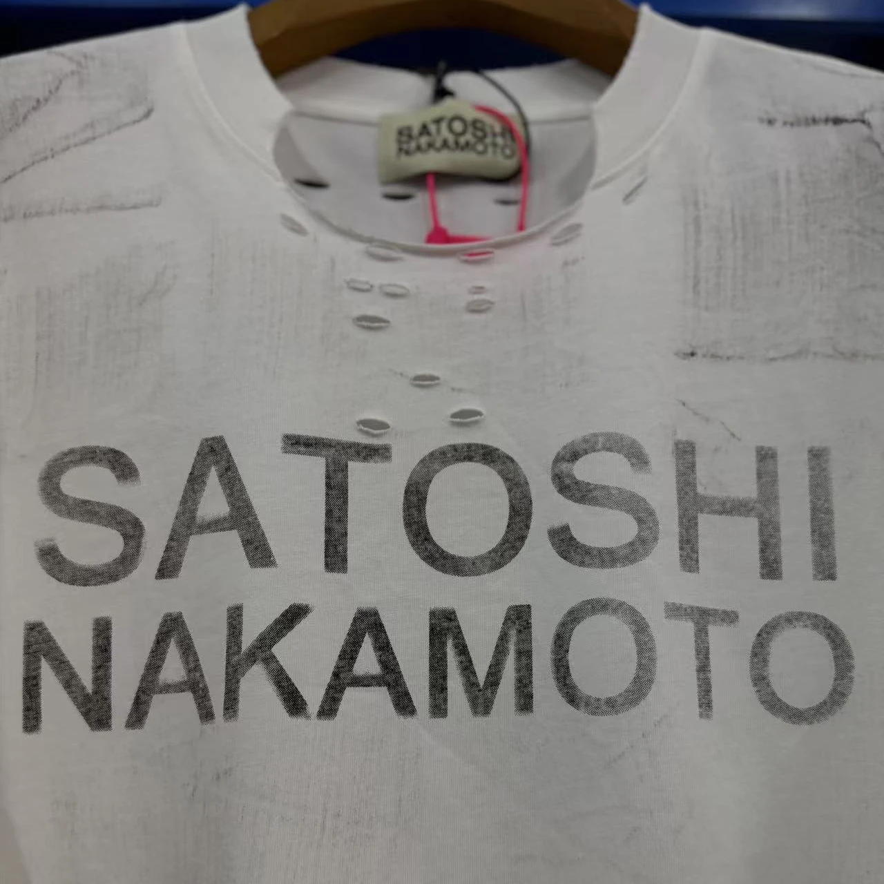 Satoshi Nakamoto T-shirt 26SS Destroyed Washed White Letter Print Vintage Ripped Short-Sleeved T Shirts Men Women Streetwear image 5