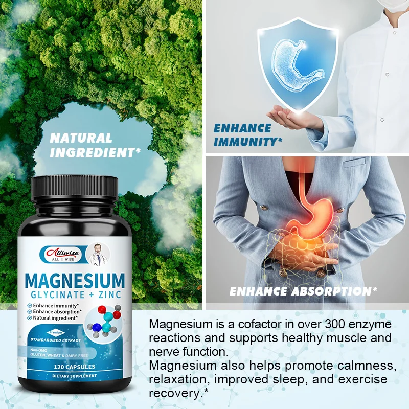 Alliwise Magnesium Glycinate & Zinc Dietary Supplement - Bone, Nerve, Immune Support - Suitable for Men and Women