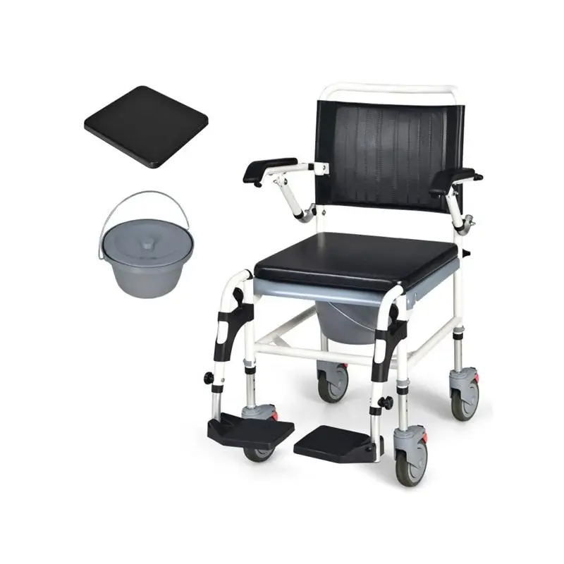 4-in-1 Multifunction Commode Chair, Shower Chair, Wheelchair, Regular Chair, 4-Level Height Adjust (36.5