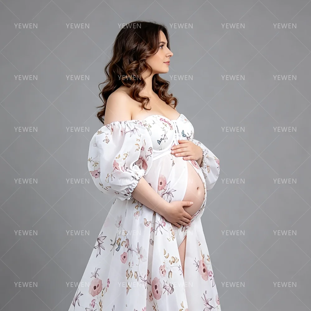 Maternity Photoshoot Printing Floral Organza Dresses Pregnant Gown for Baby Shower