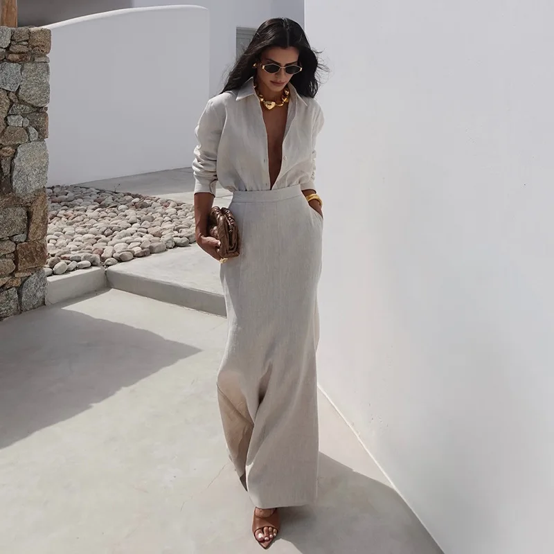 

Women's clothing 2025 spring new elegant lapel long sleeve shirt high waist slim skirt two-piece club clothing Vestidos