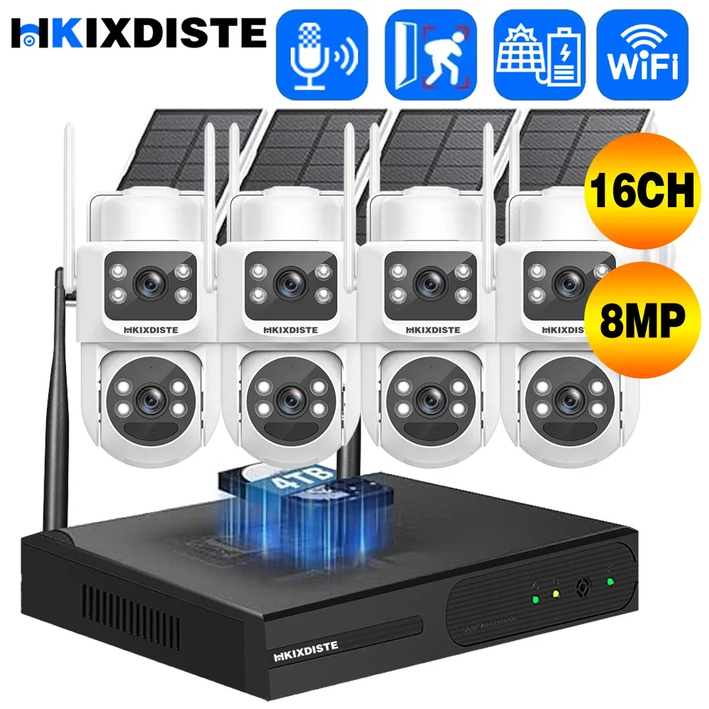 

16CH 4K 8MP двойной объектив солнечная PTZ беспроводная система видеонаблюдения Wi-Fi аккумуляторная камера комплект безопасности цветной комплект видеонаблюдения ночного видения