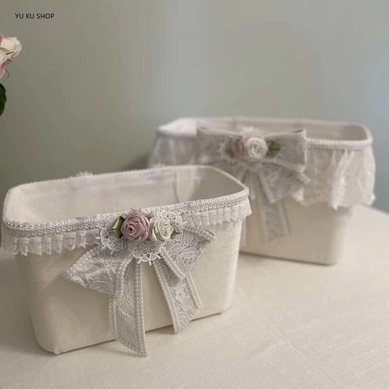 

Korean Velvet Storage Basket Cotton Linen Lace Basket Home Storage Box Underwear Cosmetic Desktop Organization Kitchen Organizer